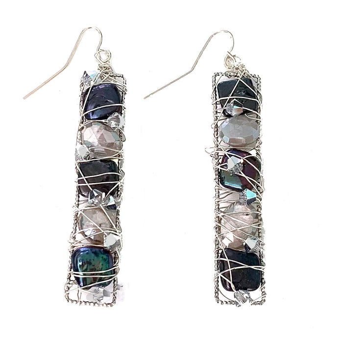 Long Silver Rectangular Pearl and Crystal Earrings