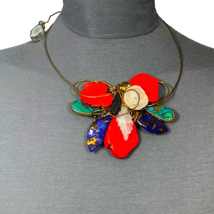 #N9B Necklace Flower Shape Red Semi Precious Choker